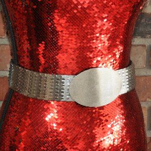 Vintage 80s Metallic Silver Tone Metal Fish Scale Stretch Belt Large Oval Buckle